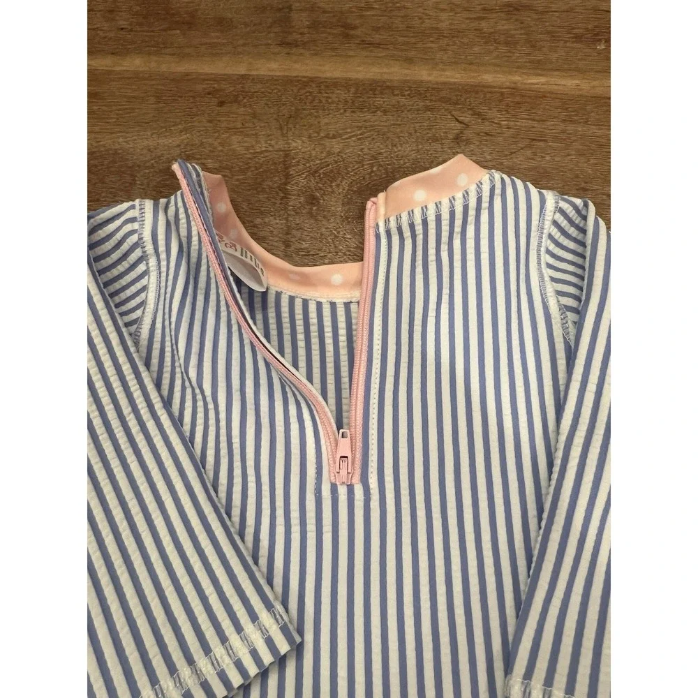 RuffleButts Toddler Girls Seersucker, Long Sleeve Swim Rash Guard Size 6-12 M